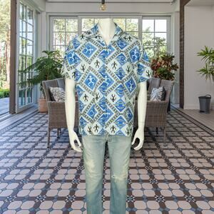 Vintage Lauhala Aloha Tropical Tribal Star Print Hawaiian Button Down Camp Shirt